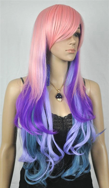 Peluca de pelo larga rosa mezcla púrpura azul recto ondulado mujer dama disfraces fiesta + gorra Foto 4 de 4