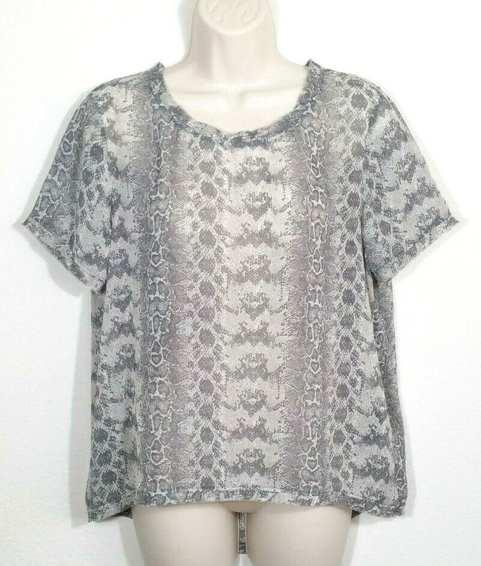 H&M Divided Women Size 12 Top Blouse Gray Snake Print Semi Sheer Frayed Hem NEW