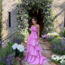 Classy Long Pink Prom Dresses With Bow A-Line Strapless Ruffled Evening Gowns