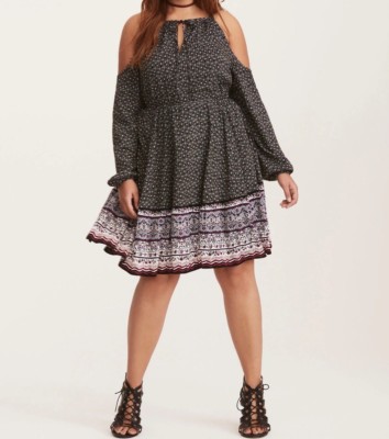 Torrid Multi-Color Border Print Challis Cold Shoulder Skater Dress
