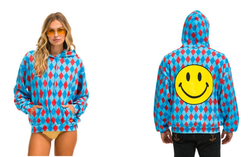 Aviator Nation Diamond Repeat Smiley Relaxed Pullover Hoodie Sky Harlequin Sz XS