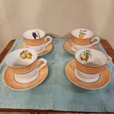 4 MOTTAHEDEH Vista Allegre Fruit Tea Cups/Saucers Portugal Grapes/Pear/Peach