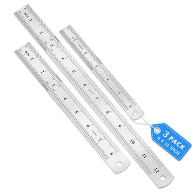 YIPINVE 3Pcs Stainless Steel Ruler Set 6 8 12 Inch Metal Ruler with Inch and Metric New