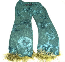 Rare NovaLuxe Katrina Feather Trim Lace Flare Leg Pant Green NWT Women's Size XL