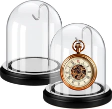 2 Pcs Pocket Watch Glass Display with Hooks Dome Cloche with Wood Base Decorativ
