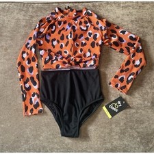 Art Class Girls Leopard Print Long Sleeve One Piece Swimsuit Orange Black Size 8