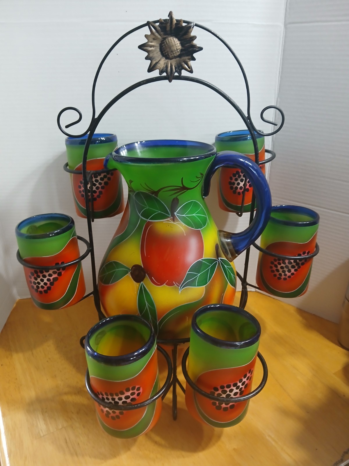 Vintage Vibrant Mexican Hand Blown and  Hand Painted Glass Pitcher/ Glasses set.