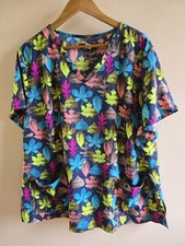 Women's Koi Basics V-neck Pockets Blue Multicolor Leaves Scrub Top Size 3XL