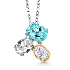 925 Silver and 10K Yellow Gold Blue Apatite White Created Sapphire and White