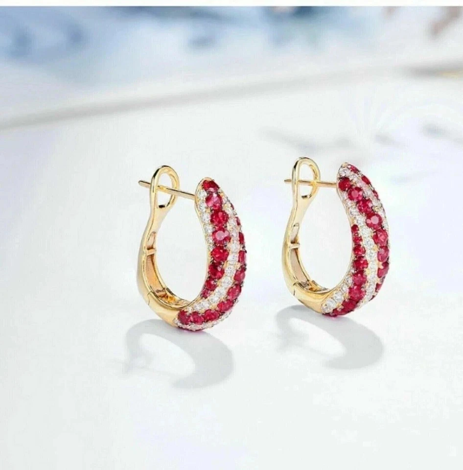 2Ct Round Cut Lab-Created Red Ruby Huggie Hoop Earrings 14K Yellow Gold Plated - Image 2 of 4