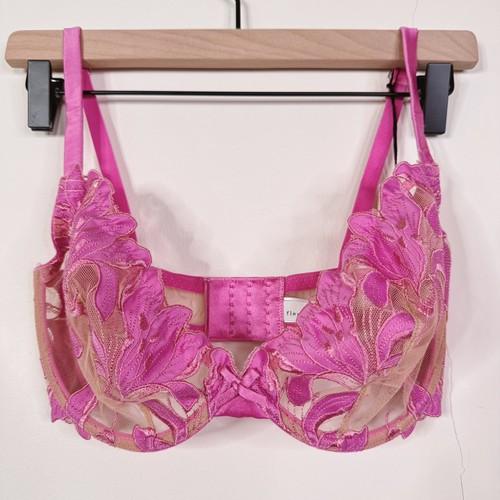 Fleur du Mal Lily Embroidery Bra 32G Pink Aura Sheer Mesh NWT Coquette Silk