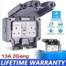 Outdoor Weatherproof Outside 13AMP 2 Gang RCD Double Switched Socket Plug Socket