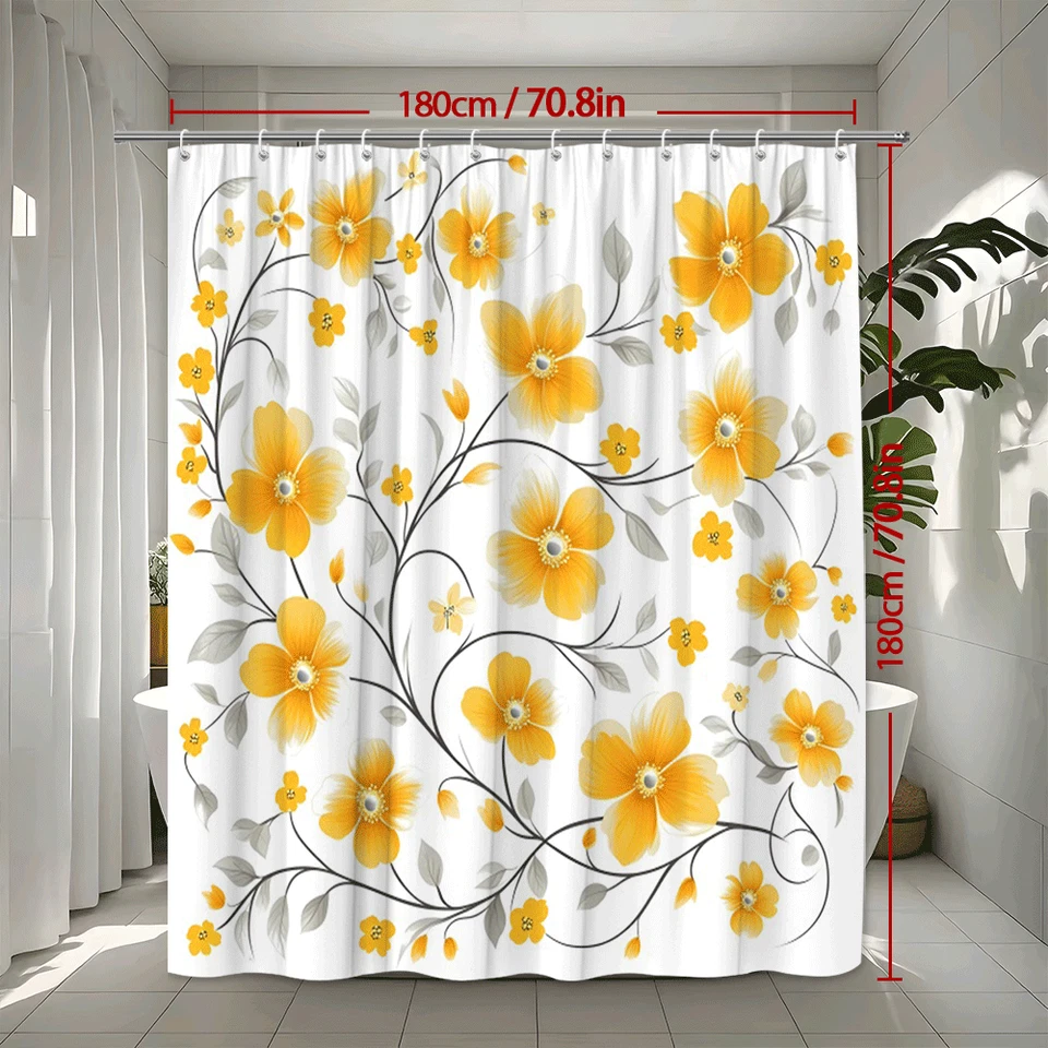 Cortina de Ducha Floral Amarilla Moderna Diseño Floreciente Alegre Primavera Foto 2 de 4