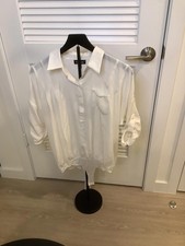 Bebe Ivory Cream Silky Peekaboo Rouched Sleeve Button Front Collared Bodysuit M