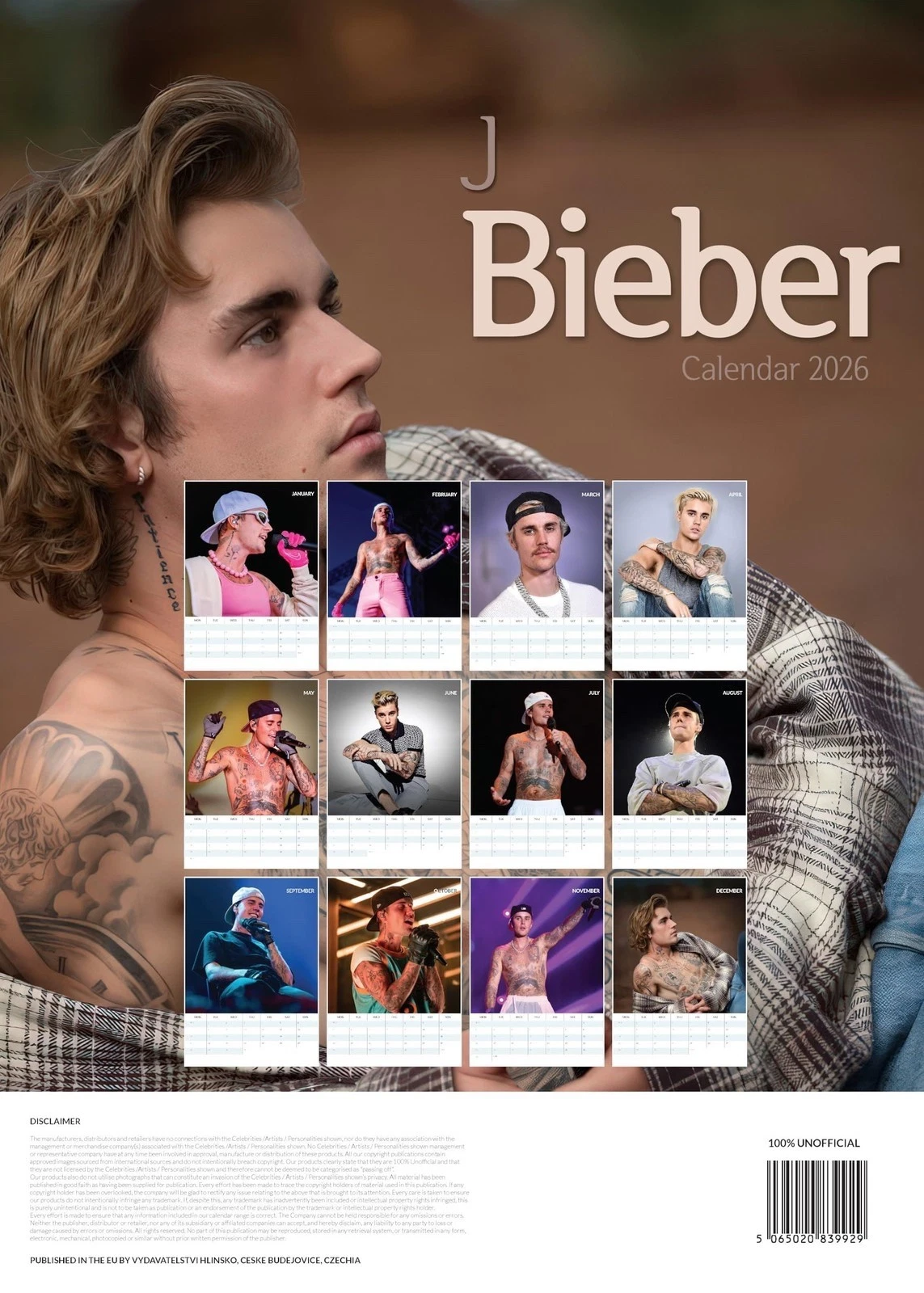 Justin Bieber 2026 Vertical Wall Calendar