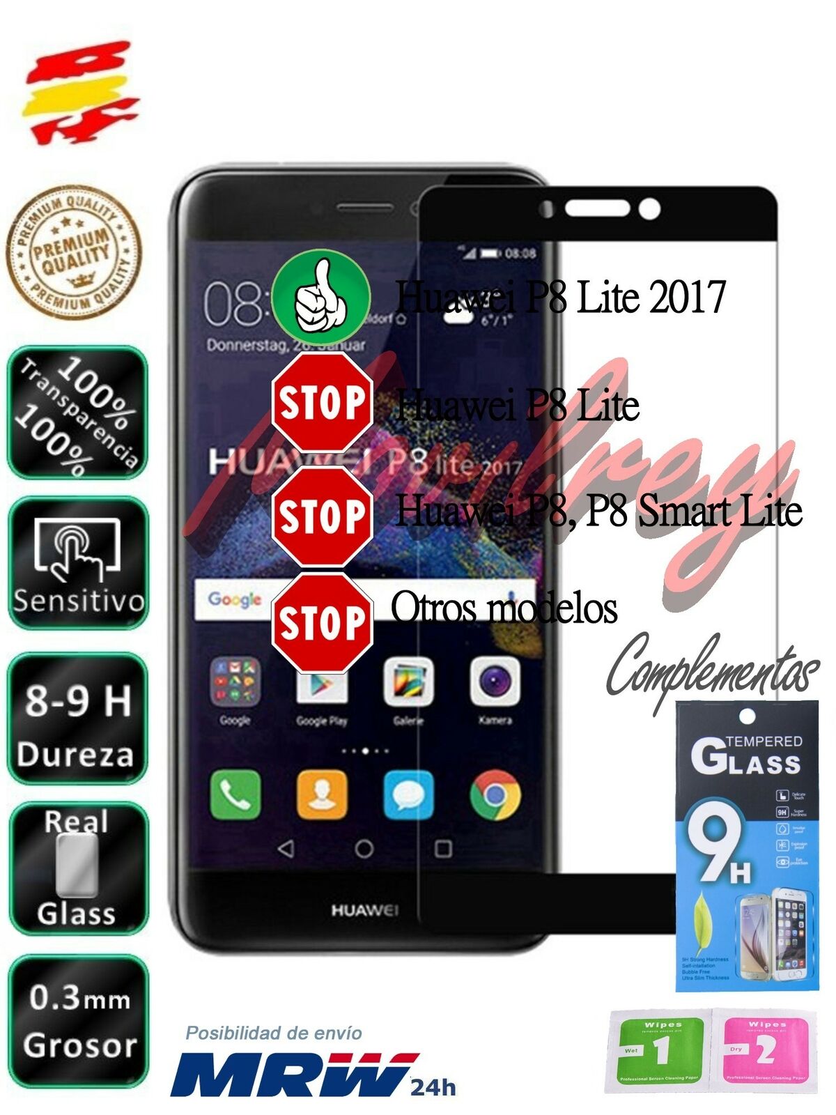 Set Protector de Pantalla Cristal Templado Completo Huawei P8 Lite 2017 Negro