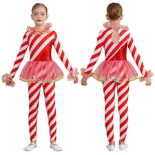 Kids Girls Leotard Masquerade Carnival Bodysuit Sweetie Cane Christmas Costume