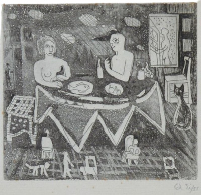 Kyu Eikyu Etching  Dining Table  1951 Signed 11.5×12.5cm Kubo Japan Rare