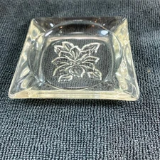 Vintage Small Square Clear Glass Ashtray with Poinsettia Flower Design