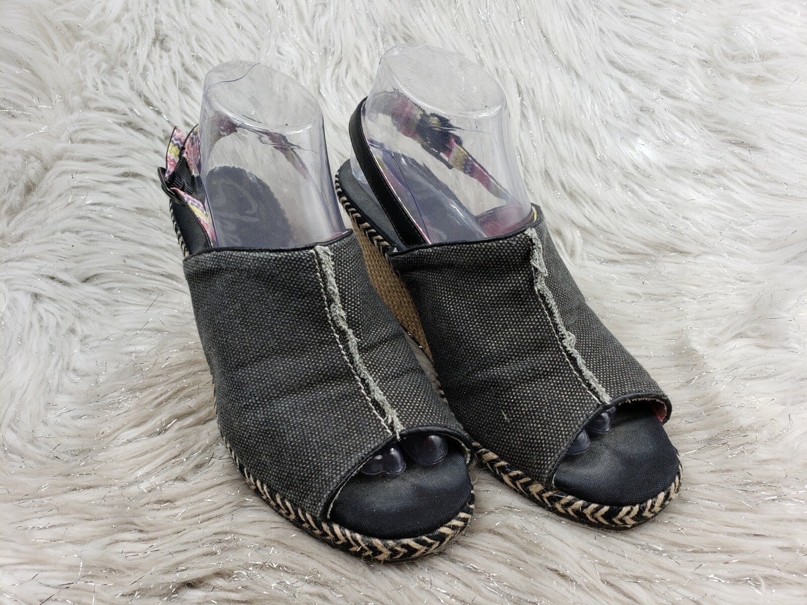 SKECHERS 38302 Black Slingback Rope Wedge Heel Sandal… Gem