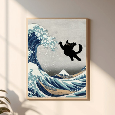 The Great Wave off Kanagawa Black Cat Print