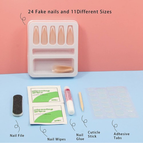 24 Pcs Long Press On Nails Water Pattern Fake Nails Long Coffin Gloss Full Cover - Picture 6 of 6