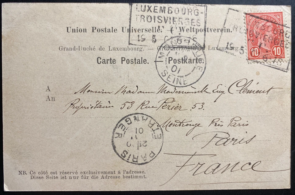 Cubierta de postal con foto de Luxemburgo 1901 a PAris Francia City Greetings Foto 2 de 2