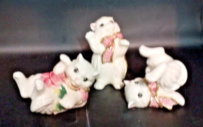 New - Fitz and Floyd Kittens and Roses White Persian Cat Tumbling - Three kitten