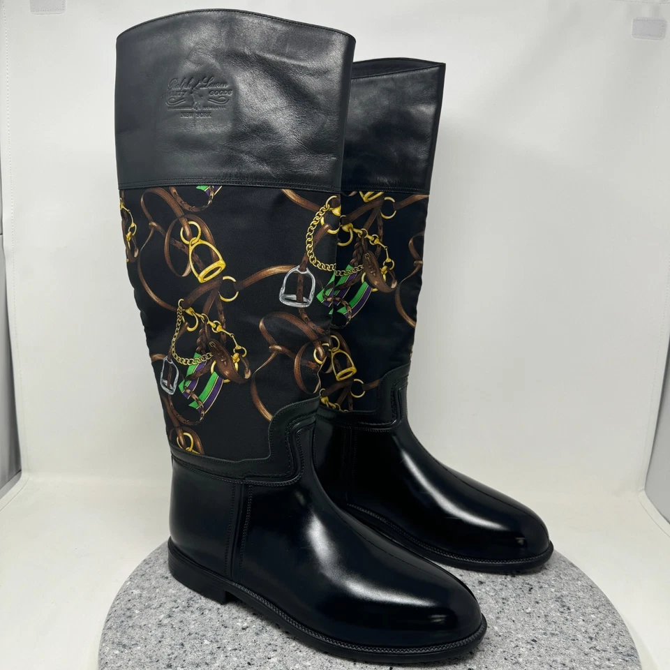 Ralph Lauren Colección Botas Mujer 9 Negro Bota de Lluvia Montar Ecuestre Italia Foto 3 de 4