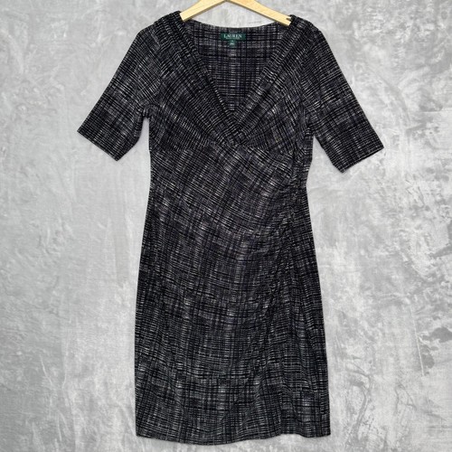 Lauren Ralph Lauren Dress Womens 14 Black White Faux Wrap Jersey Knit V Neck