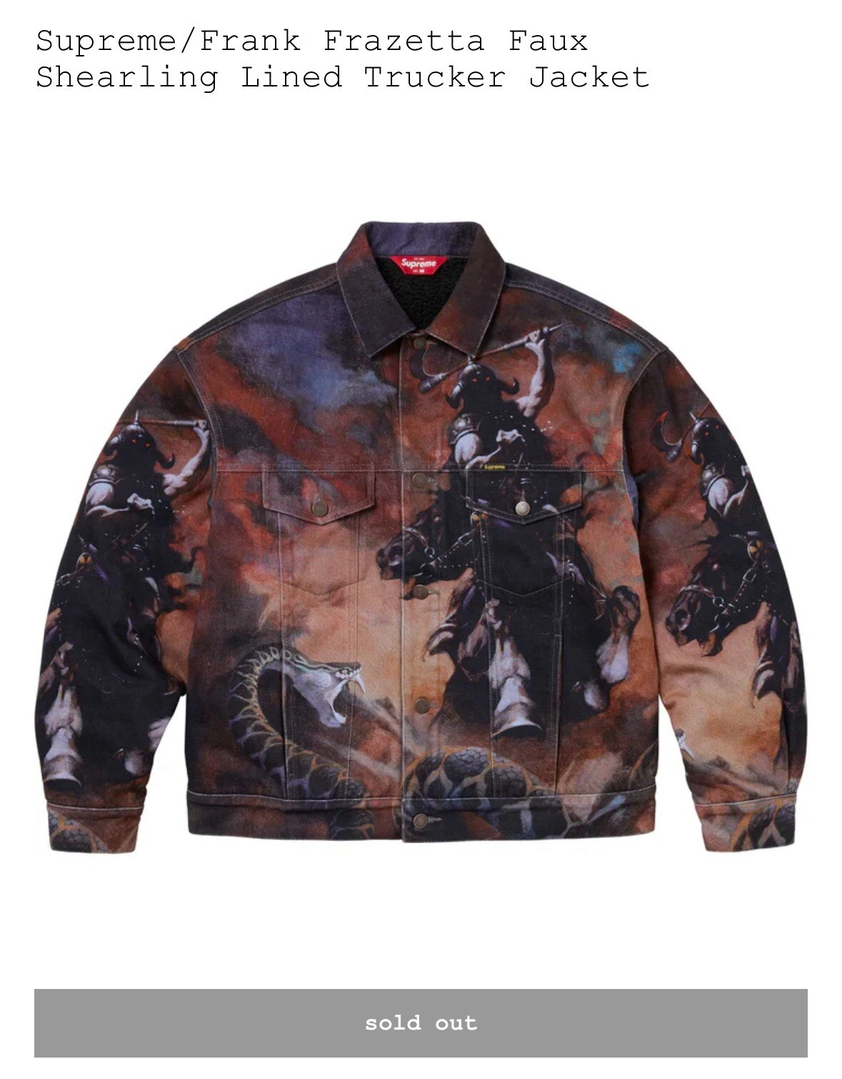 Veste camionneur Supreme x Frank Frazetta fausse peau de mouton taille M   Medium   prévente