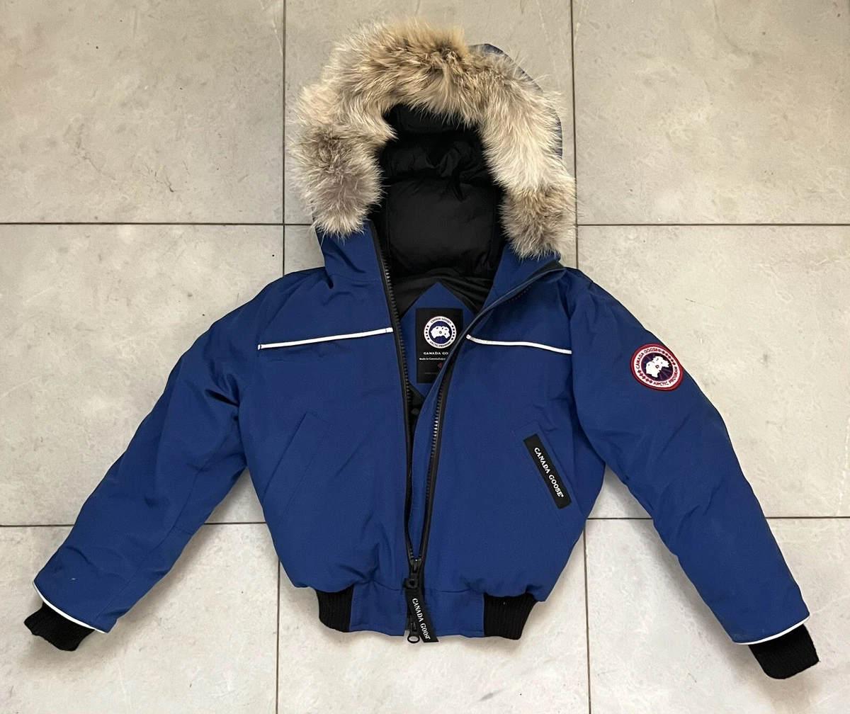 Canada Goose Kids Grizzly Bomber Hooded Fur Down Blue Jacket Size