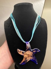 Art Glass Artisan Blue and Gold Starfish with ribbon necklace adjustable