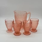 Vtg Pink Cherry Blossom Pattern Depression Glass Water Pitcher 4 Glasses