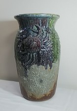 Japan Shigaraki ware Vase Oribe Glaze Pot H18in Vintage Pottery Crab Application