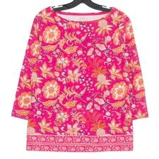 Talbots Top 3/4 Sleeve Tee Floral Boho Retro Summer Eclectic Pink Orange Medium