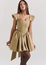 HOUSE OF CB Saasha Gold Jacquard Mini Dress Corset Puff Sleeve Removable Bow NEW