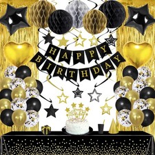 Black Gold Birthday Party Decorations Supplies Happy Birthday Banner Honeycom...