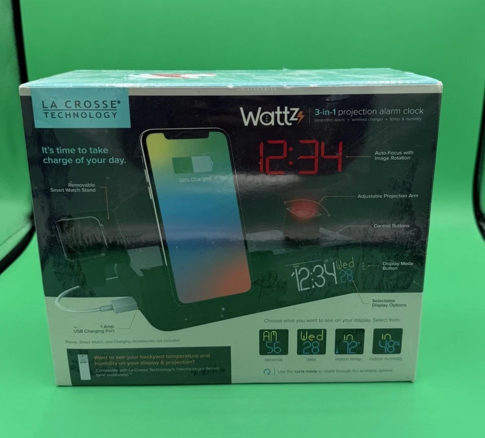 La Crosse Technology Wattz Reloj Despertador Proyección 3 en 1 Carga Inalámbrica NUEVO Foto 4 de 4
