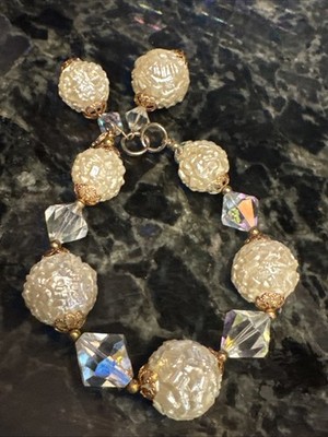 Vntg Faux Baroque Pearl & A/B Crystal 8'' Bracelet w/ Danglers NICE Pretty Unique