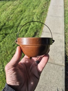 Antique Cute Miniature Small Size Stoneware Footed Bowl With Wire Bail Handle