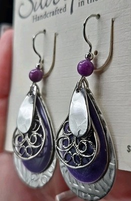 Silver Forest Earrings USA Silver Tone Filagree 4 Layer Teardrop Enamel 