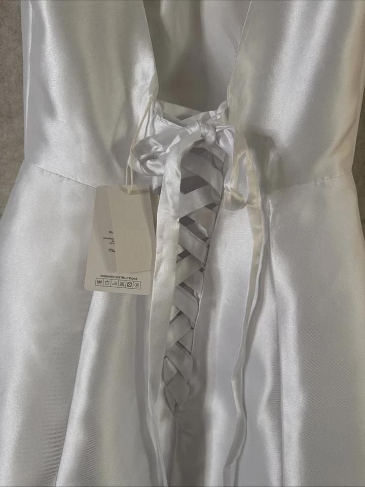 Nuevo con etiquetas Vestido Formal de Dama de honor Baile de graduación Blanco Satén Con cordones Espalda Invitada de Boda Talla 4-8 Foto 4 de 4