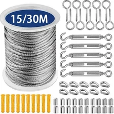 15m Stainless Steel PVC Coated Cable Rope Kit Heavy Duty Garden Fence Wire - NEW