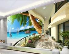 3D Beach Sailboat Blue Sky Cloud Self-adhesive Removeable Wallpaper Wall Mural