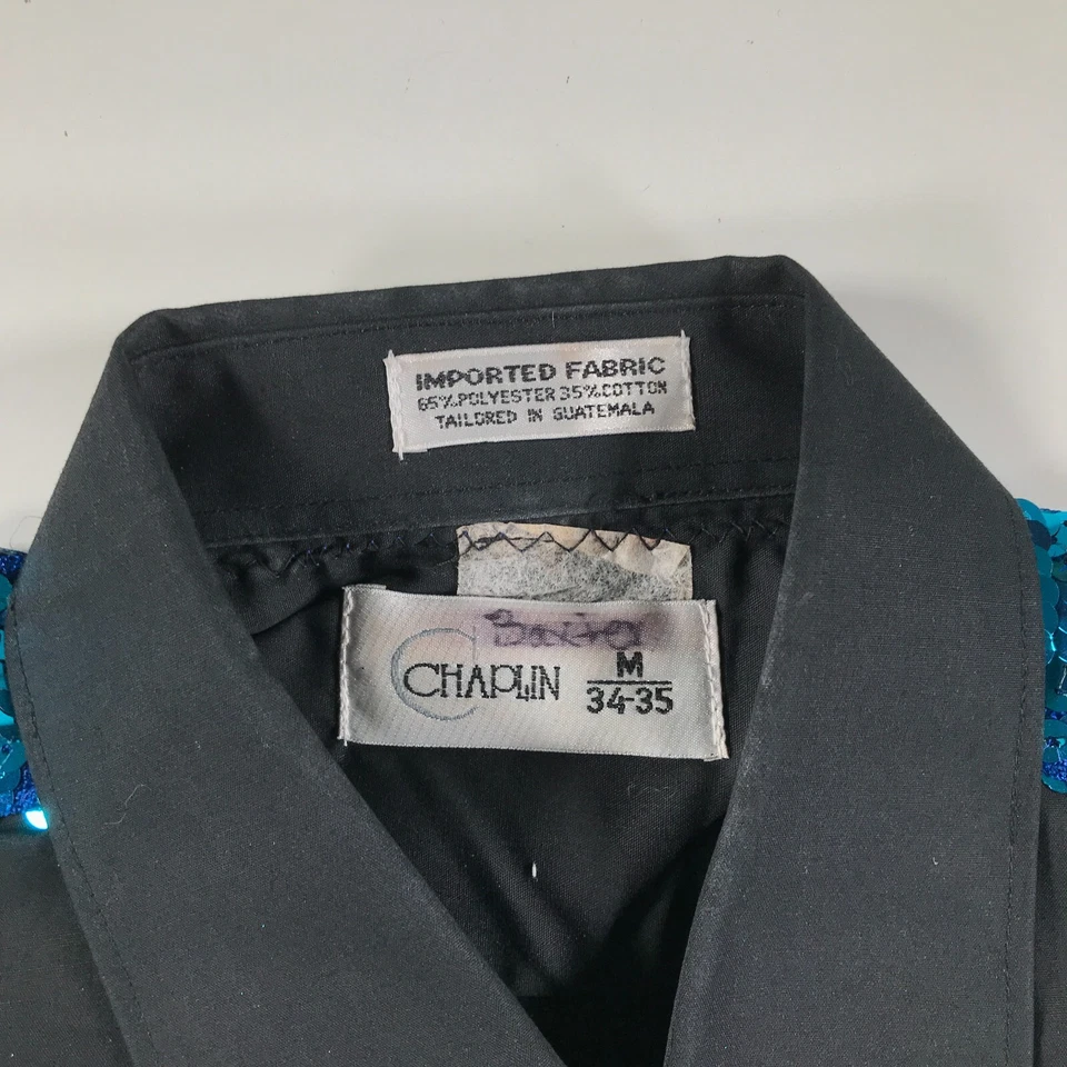 Western Button Down Shirt Mens Medium Black Blue Rockabilly Western Sequins - Image 4 of 4