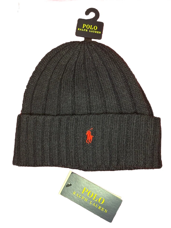 Ralph Lauren Para Hombres Polo Puño de Lana Gorro Tejido Sombrero Azul Marino Oscuro - Rojo Logo de Poni Foto 4 de 4