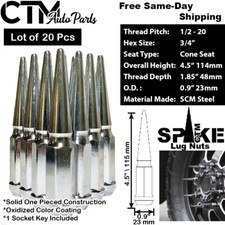 20pc 4.5 Tall Chrome 12-20 Solid 34 Hex Spike Lug Nutkey Fit Ford Models