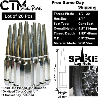 20Pc 4.5'' TALL CHROME 1/2-20 SOLID 3/4'' HEX SPIKE LUG NUT+KEY FIT FORD MODELS