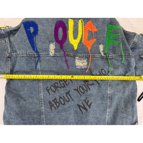 Distressed Denim Jacket Studded Graffiti Embellished Festival Jean Jacket L/XL - Picture 4 of 9